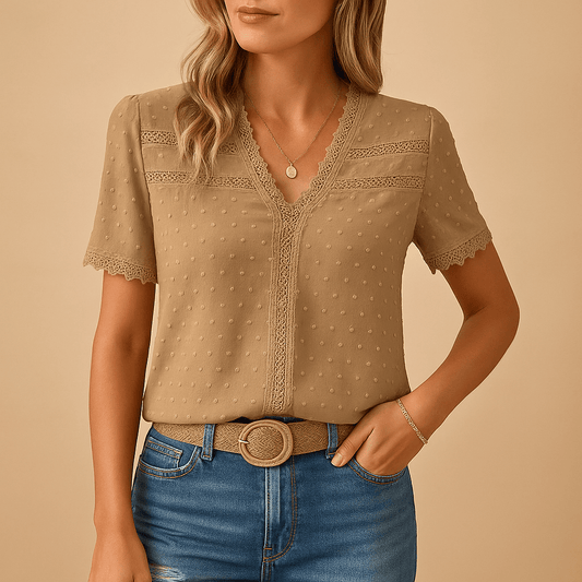 Damskie Letnie Eleganckie Koronka V-Neck Krótki Rękaw Bluzka
