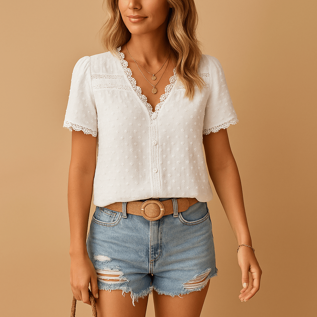 Damskie Letnie Eleganckie Koronka V-Neck Krótki Rękaw Bluzka