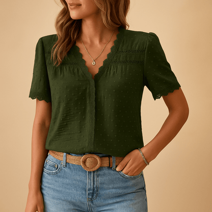 Damskie Letnie Eleganckie Koronka V-Neck Krótki Rękaw Bluzka
