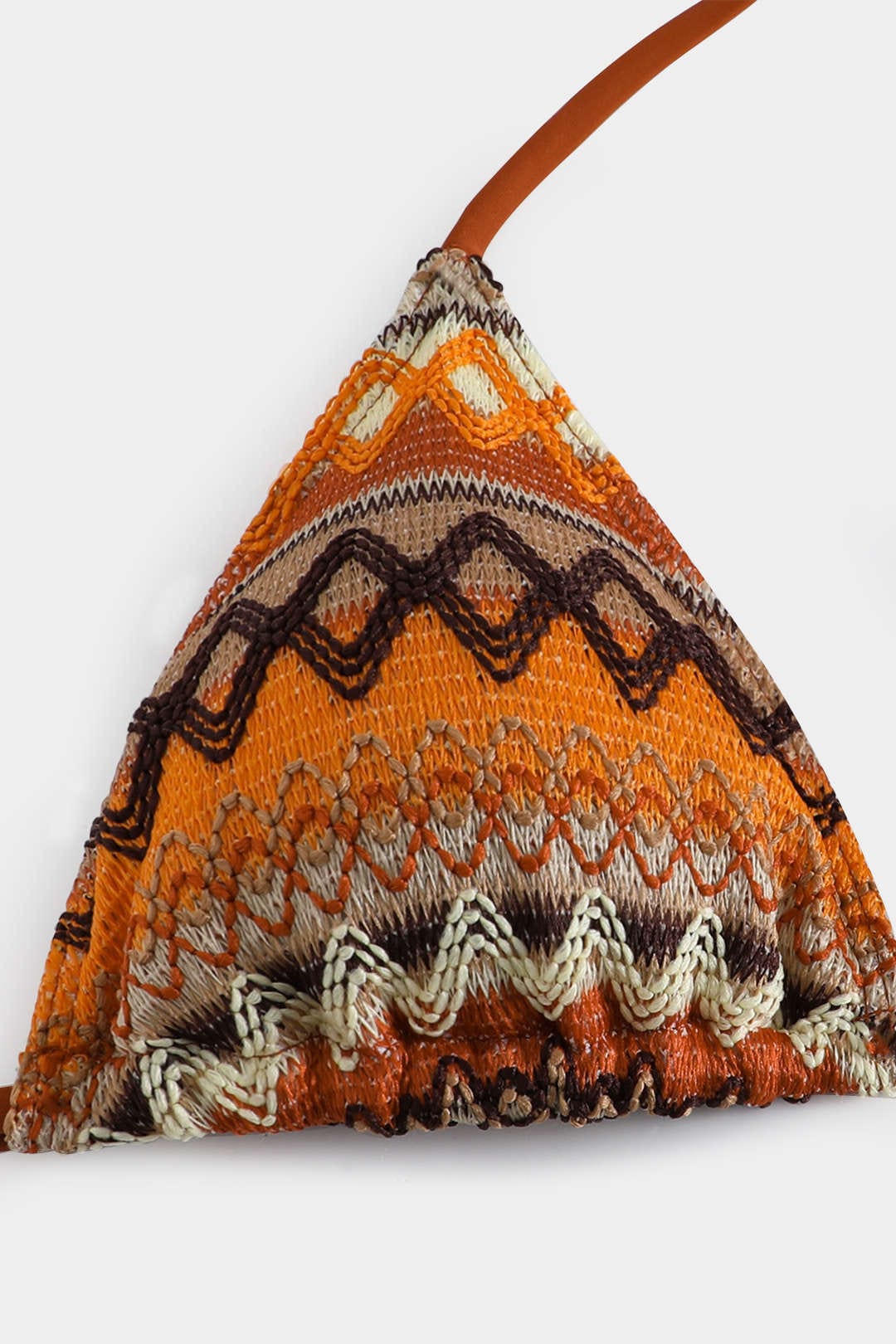 Triangular fabric pouch with brown and orange pattern on a white background