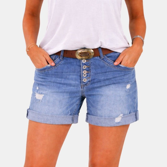 Damskie Letnie Jeansowe Guziki Przetarcia Szorty