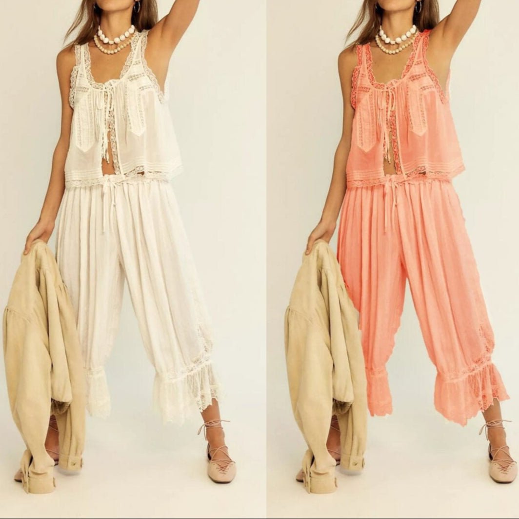 Damskie Letnie Koronka Boho Casual Dwuczęściowy Zestaw