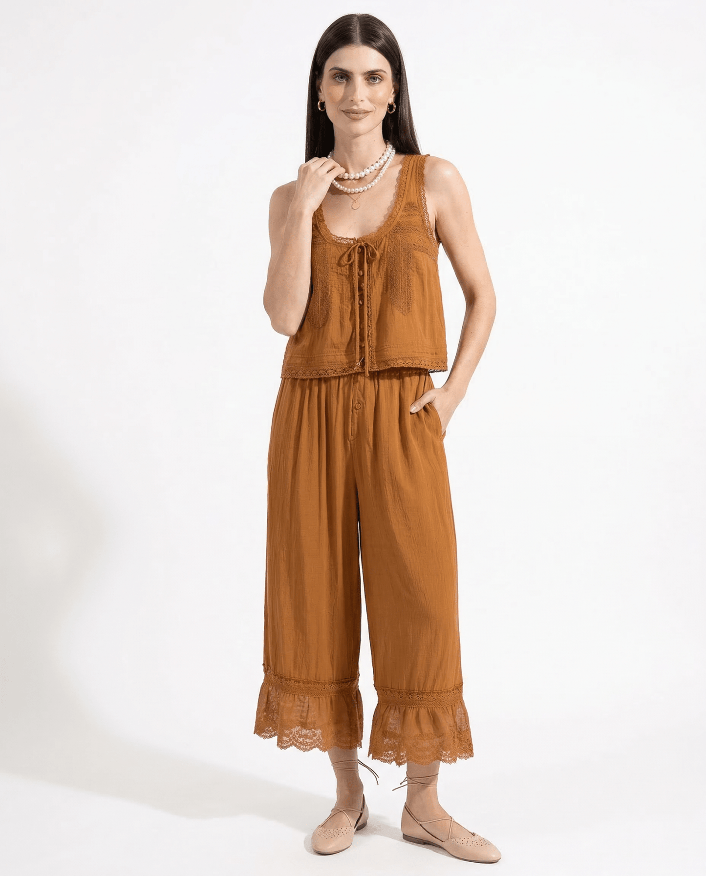 Damskie Letnie Koronka Boho Casual Dwuczęściowy Zestaw