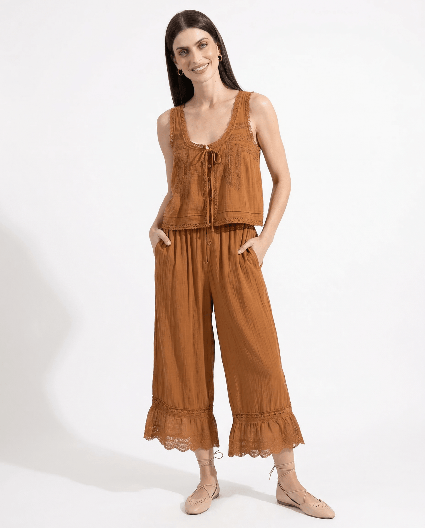 Damskie Letnie Koronka Boho Casual Dwuczęściowy Zestaw