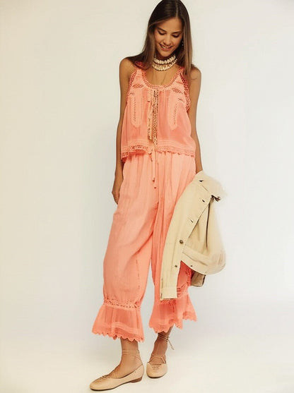 Damskie Letnie Koronka Boho Casual Dwuczęściowy Zestaw