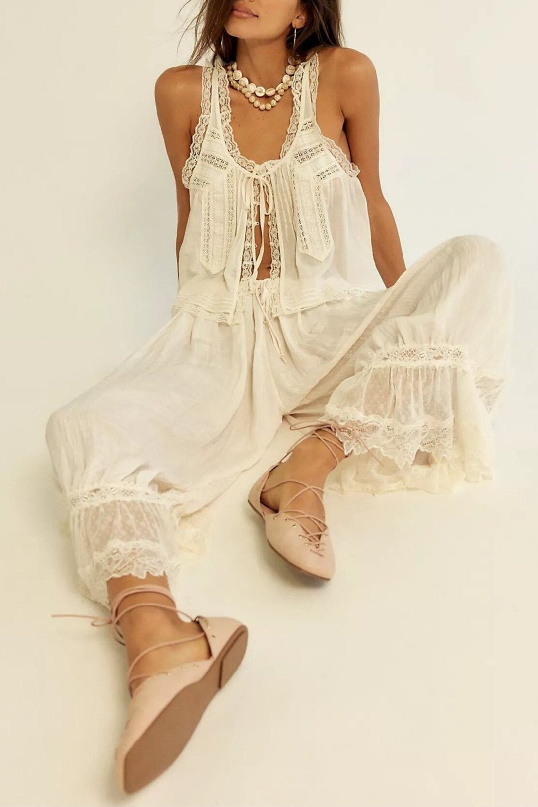 Damskie Letnie Koronka Boho Casual Dwuczęściowy Zestaw