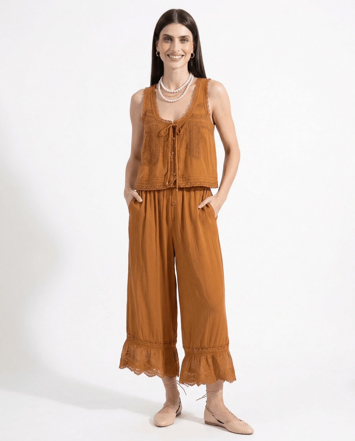 Damskie Letnie Koronka Boho Casual Dwuczęściowy Zestaw