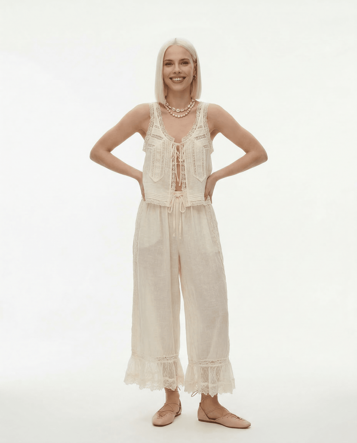 Damskie Letnie Koronka Boho Casual Dwuczęściowy Zestaw