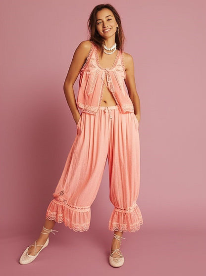 Damskie Letnie Koronka Boho Casual Dwuczęściowy Zestaw