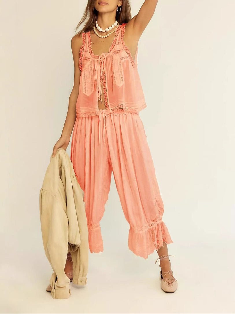 Damskie Letnie Koronka Boho Casual Dwuczęściowy Zestaw