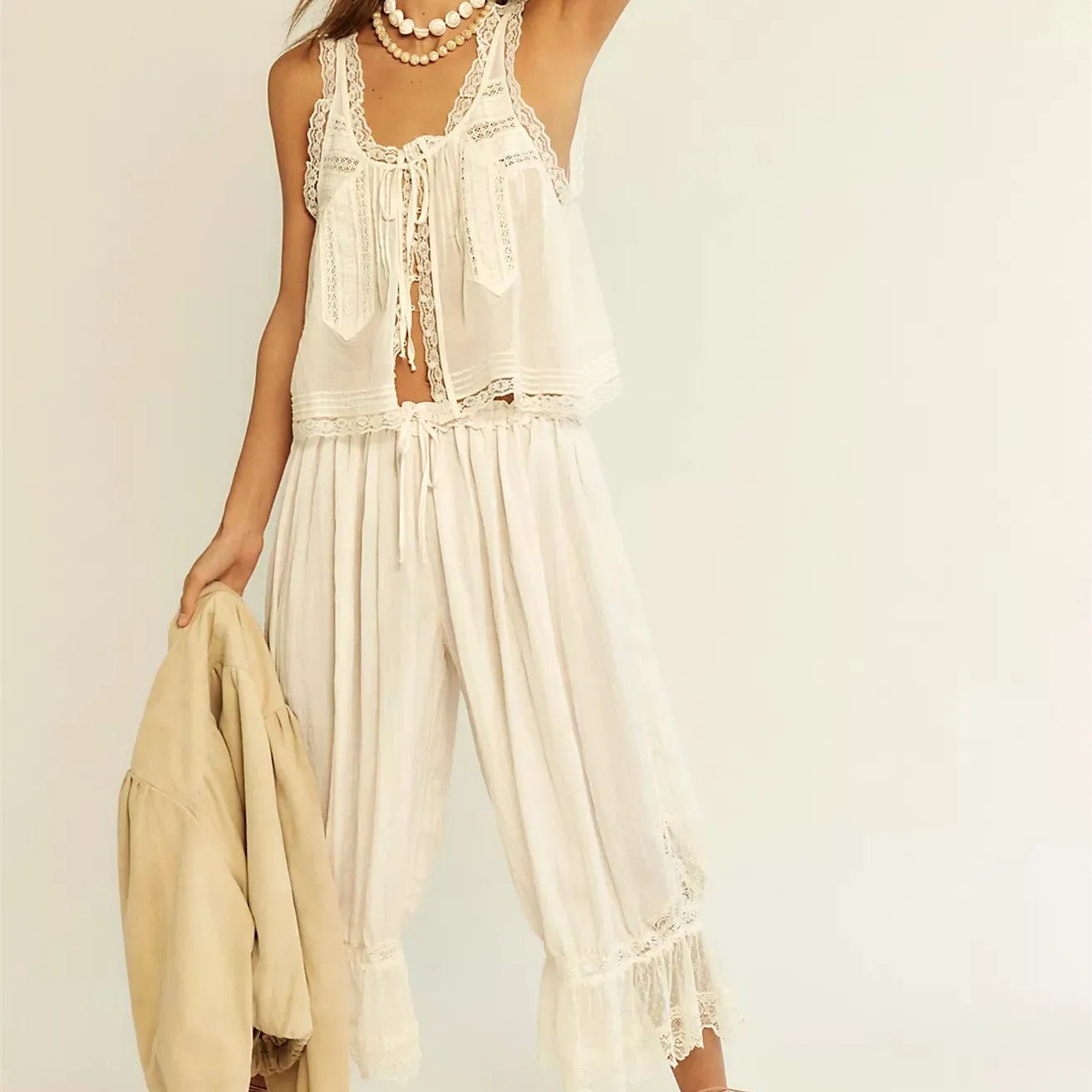 Damskie Letnie Koronka Boho Casual Dwuczęściowy Zestaw