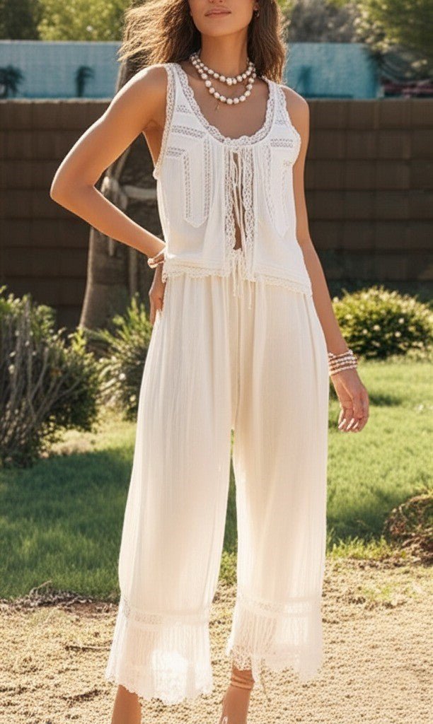 Damskie Letnie Koronka Boho Casual Dwuczęściowy Zestaw