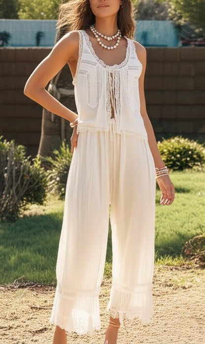 Damskie Letnie Koronka Boho Casual Dwuczęściowy Zestaw