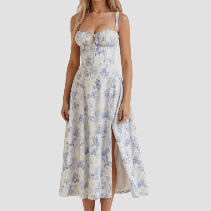 Damskie Letnie Kwiatowe Gorsetowe Eleganckie Midi Sukienka