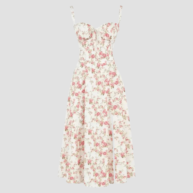 Damskie Letnie Kwiatowe Gorsetowe Eleganckie Midi Sukienka