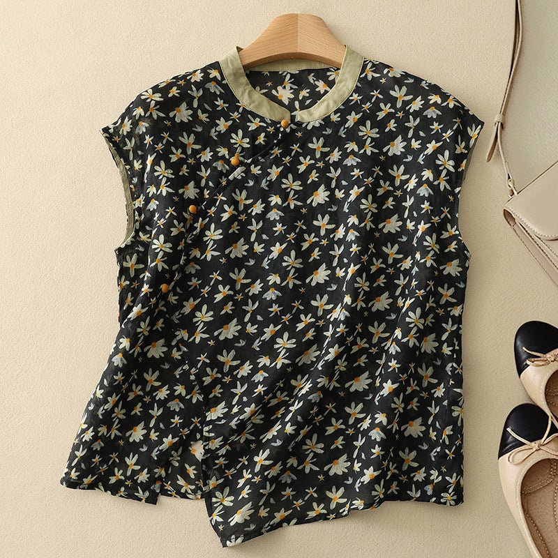 Damskie Letnie Kwiatowy Len Guziki Casual Top