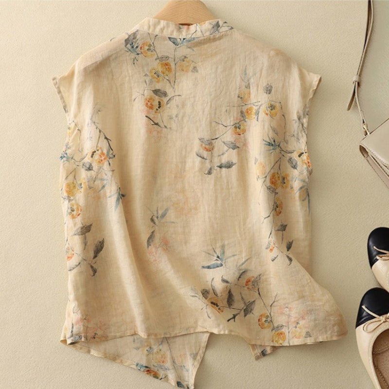 Damskie Letnie Kwiatowy Len Guziki Casual Top