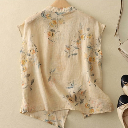 Damskie Letnie Kwiatowy Len Guziki Casual Top
