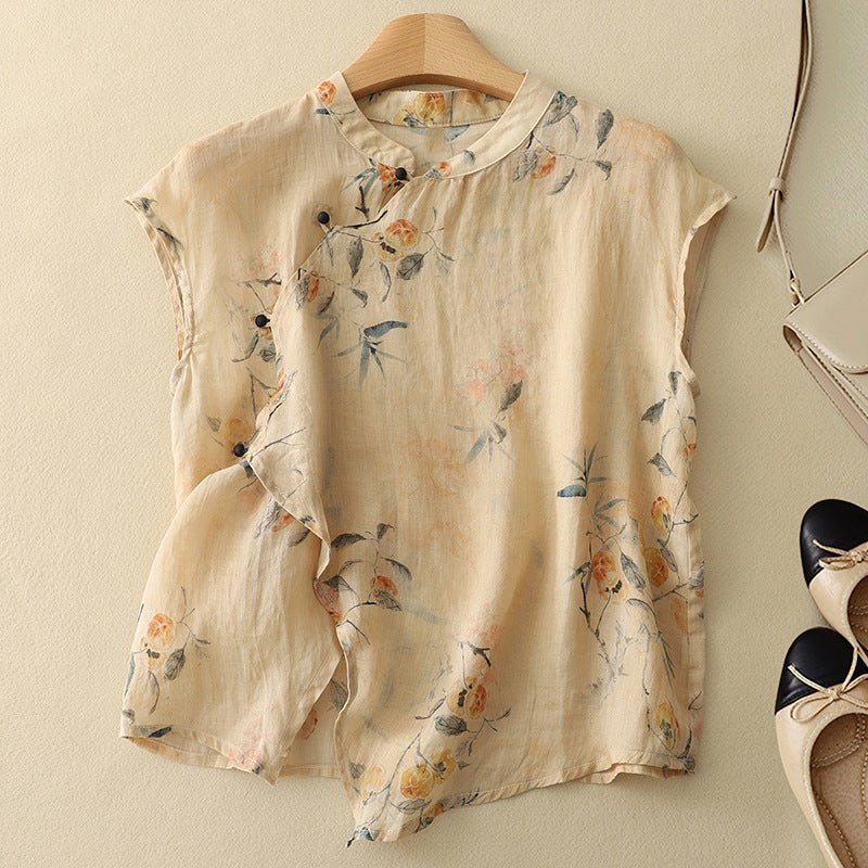 Damskie Letnie Kwiatowy Len Guziki Casual Top