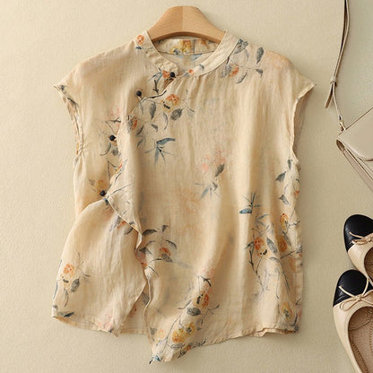 Damskie Letnie Kwiatowy Len Guziki Casual Top