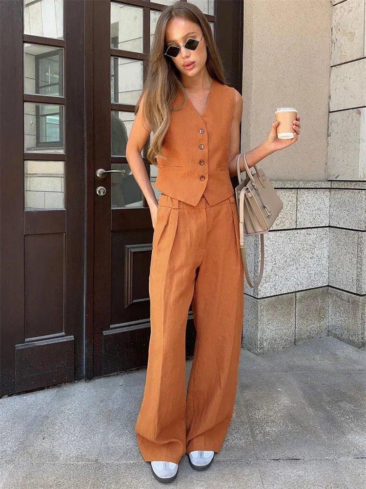 Damskie Letnie Len Elegancki Casual Szerokie Nogawki Dwuczęściowy Zestaw