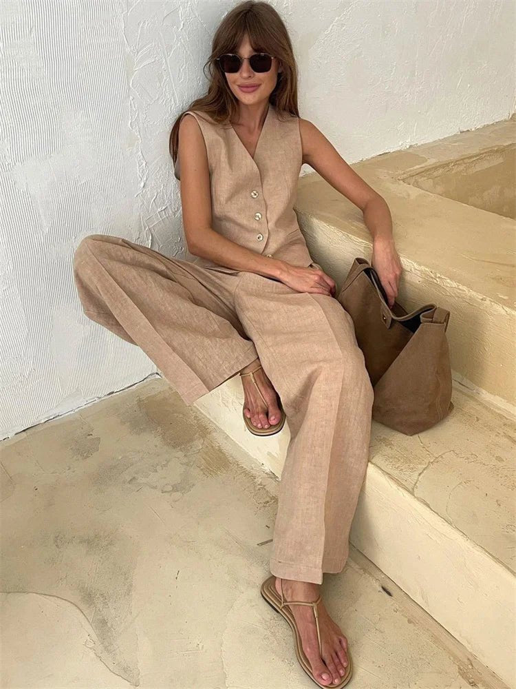 Damskie Letnie Len Elegancki Casual Szerokie Nogawki Dwuczęściowy Zestaw