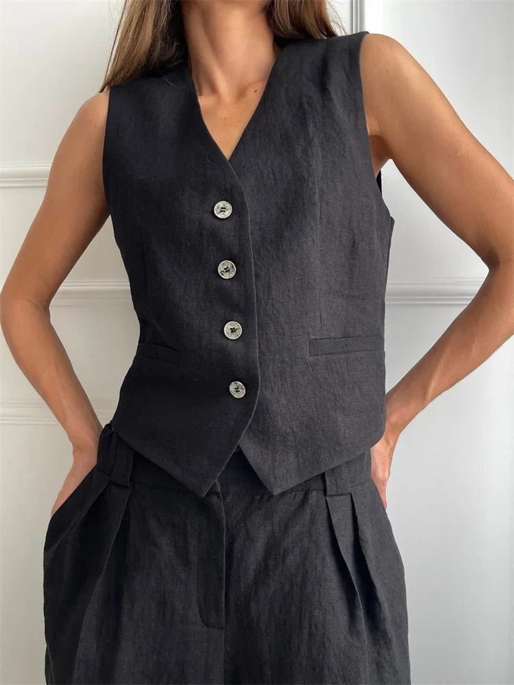 Damskie Letnie Len Elegancki Casual Szerokie Nogawki Dwuczęściowy Zestaw