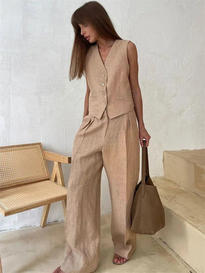 Damskie Letnie Len Elegancki Casual Szerokie Nogawki Dwuczęściowy Zestaw