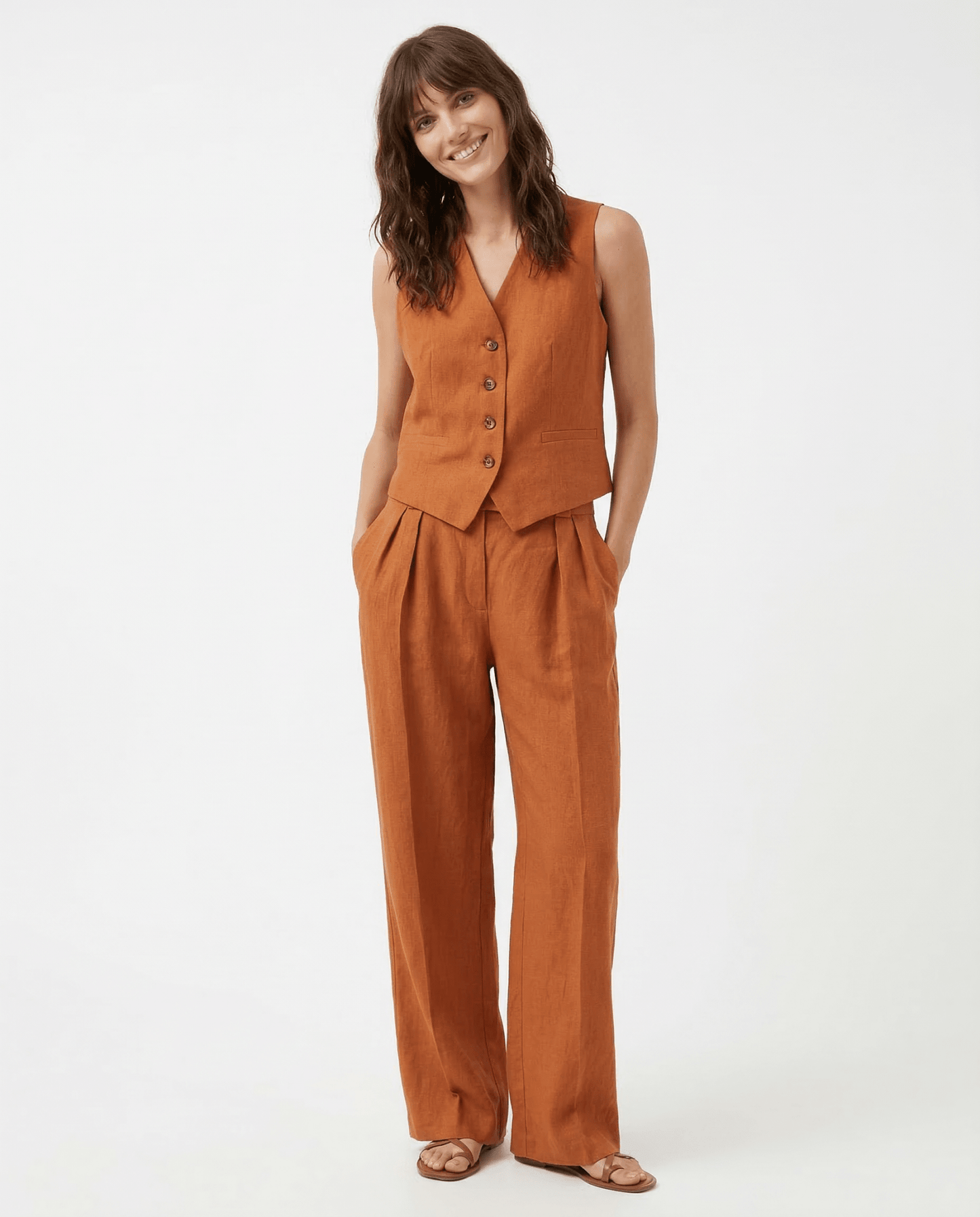 Damskie Letnie Len Elegancki Casual Szerokie Nogawki Dwuczęściowy Zestaw