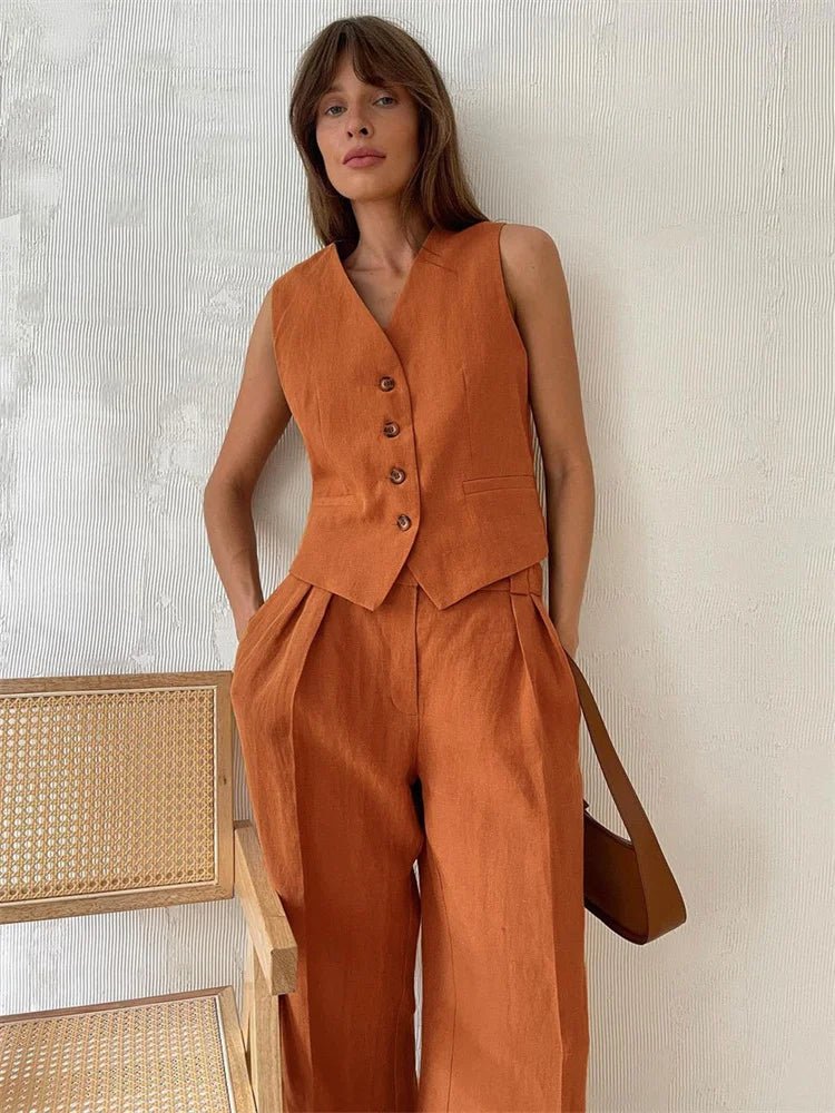 Damskie Letnie Len Elegancki Casual Szerokie Nogawki Dwuczęściowy Zestaw