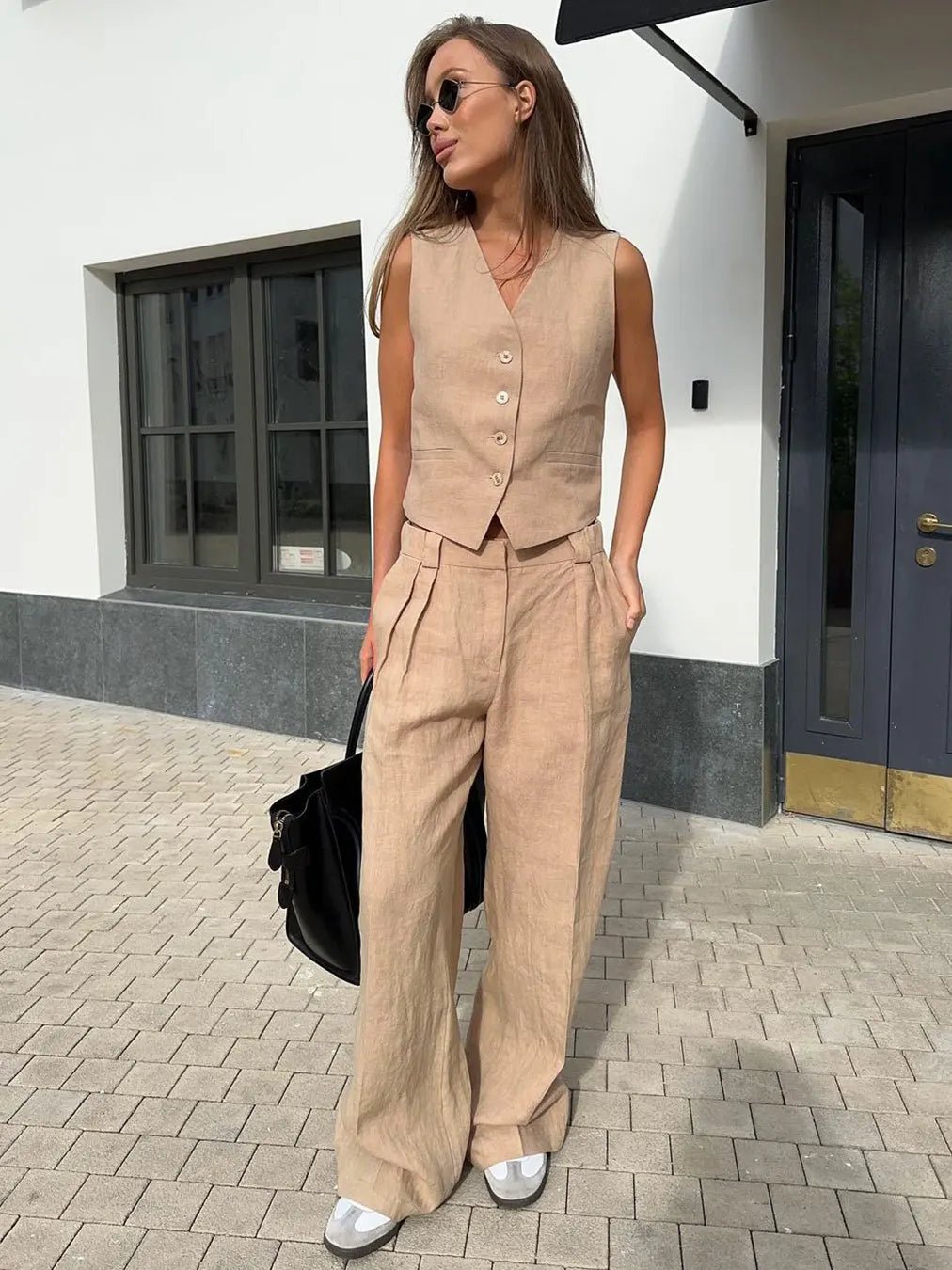 Damskie Letnie Len Elegancki Casual Szerokie Nogawki Dwuczęściowy Zestaw