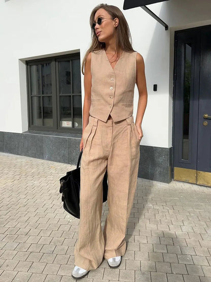 Damskie Letnie Len Elegancki Casual Szerokie Nogawki Dwuczęściowy Zestaw