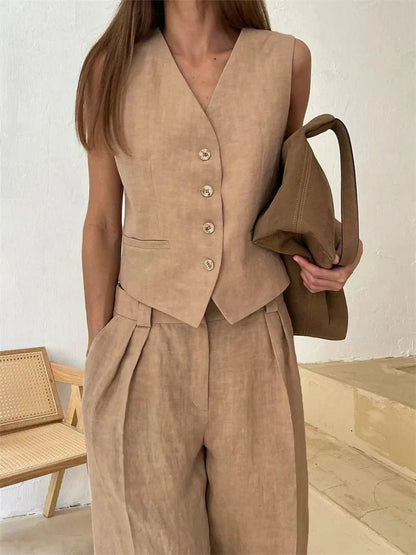 Damskie Letnie Len Elegancki Casual Szerokie Nogawki Dwuczęściowy Zestaw