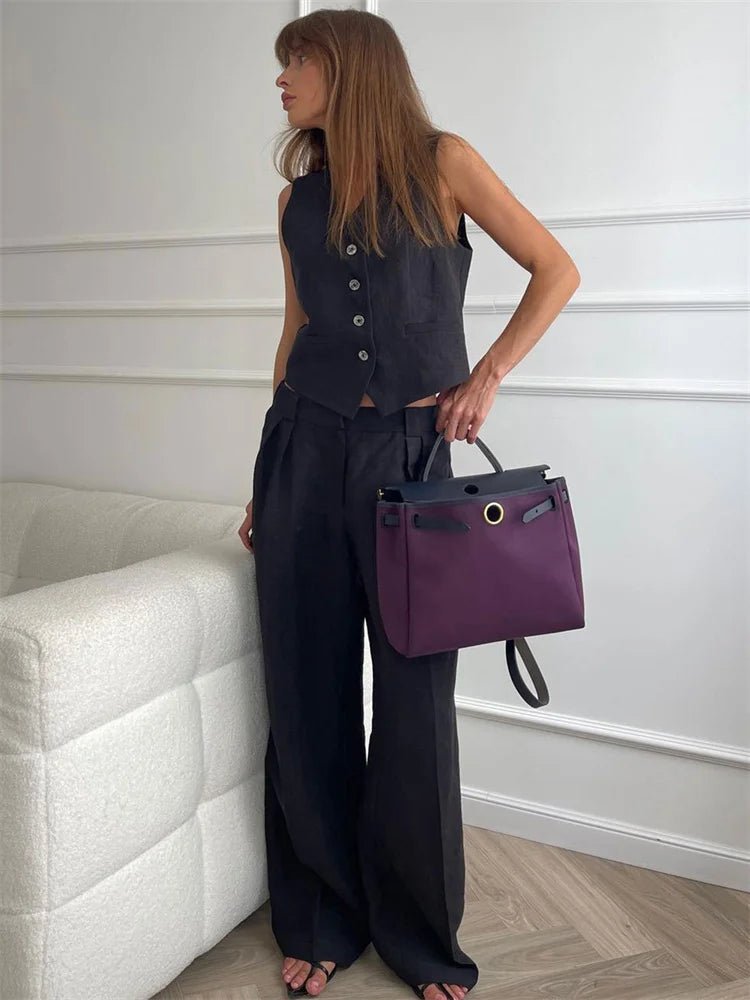 Damskie Letnie Len Elegancki Casual Szerokie Nogawki Dwuczęściowy Zestaw