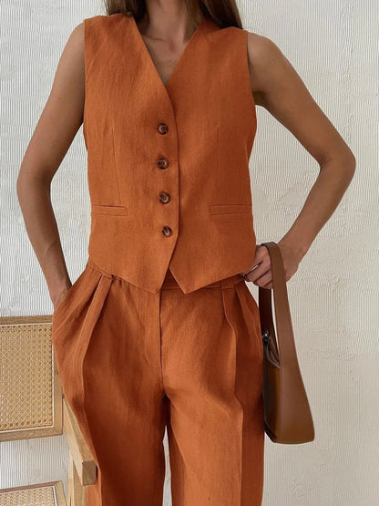 Damskie Letnie Len Elegancki Casual Szerokie Nogawki Dwuczęściowy Zestaw