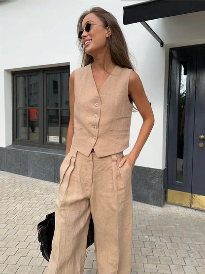 Damskie Letnie Len Elegancki Casual Szerokie Nogawki Dwuczęściowy Zestaw