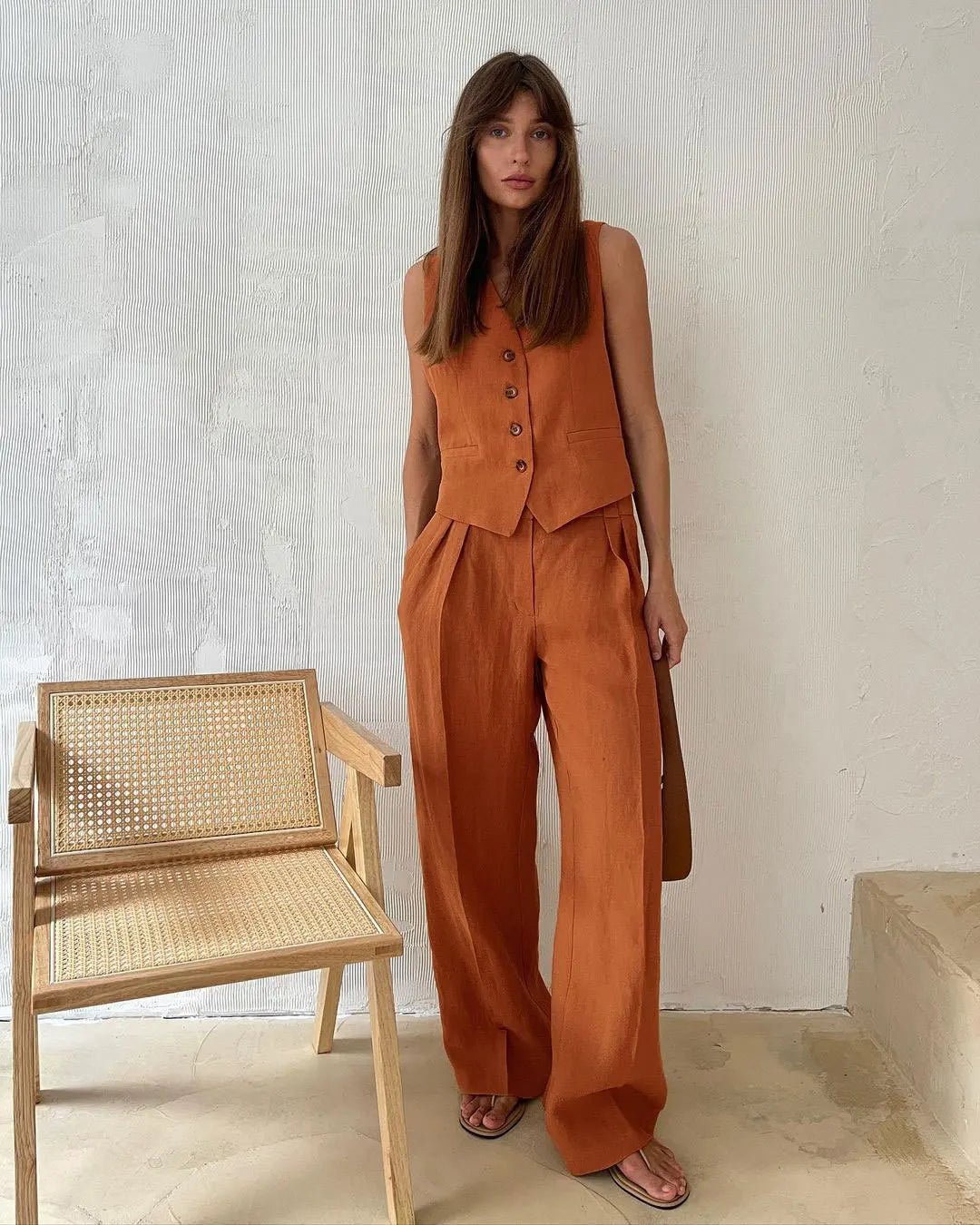 Damskie Letnie Len Elegancki Casual Szerokie Nogawki Dwuczęściowy Zestaw