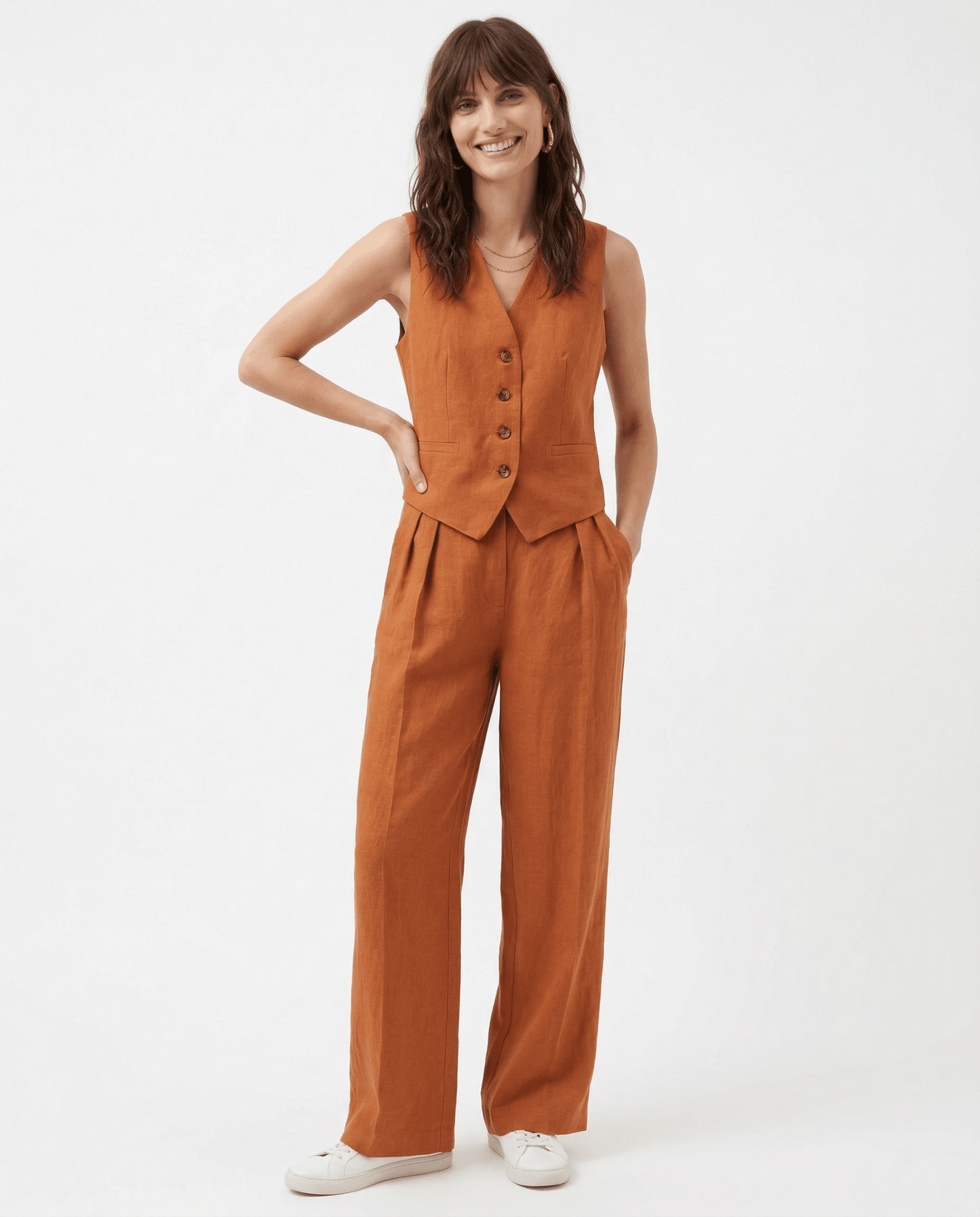 Damskie Letnie Len Elegancki Casual Szerokie Nogawki Dwuczęściowy Zestaw