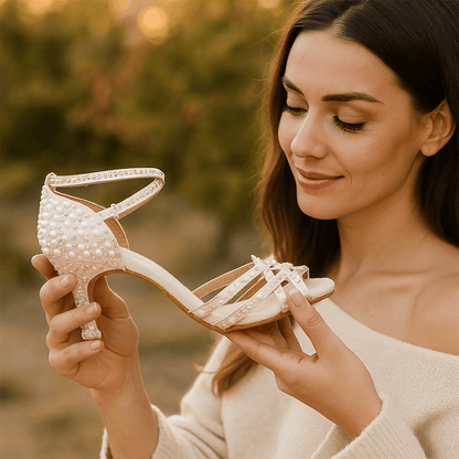 Damskie Letnie Perły Kryształki Pasek Kostka Sandały na Obcasie