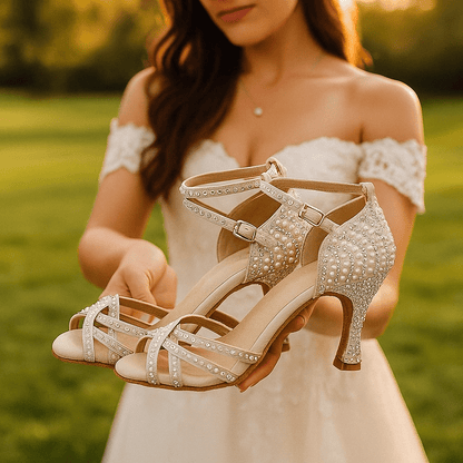 Damskie Letnie Perły Kryształki Pasek Kostka Sandały na Obcasie