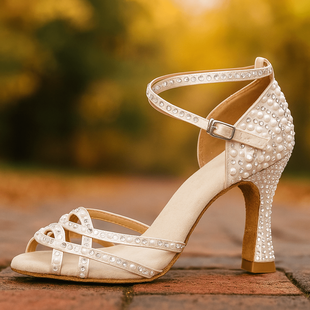 Damskie Letnie Perły Kryształki Pasek Kostka Sandały na Obcasie