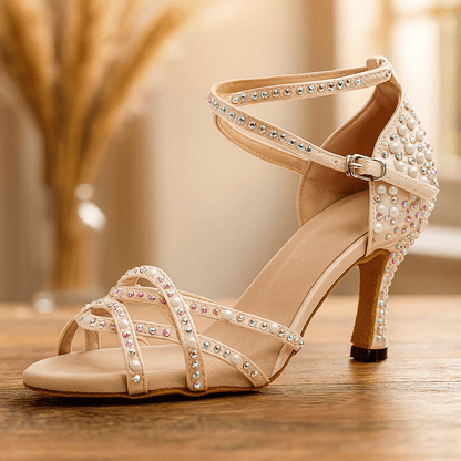 Damskie Letnie Perły Kryształki Pasek Kostka Sandały na Obcasie