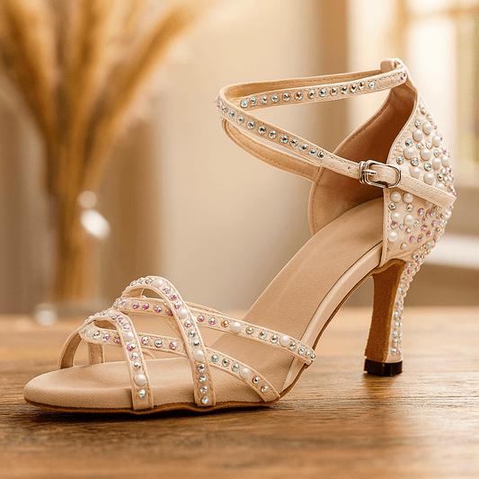 Damskie Letnie Perły Kryształki Pasek Kostka Sandały na Obcasie