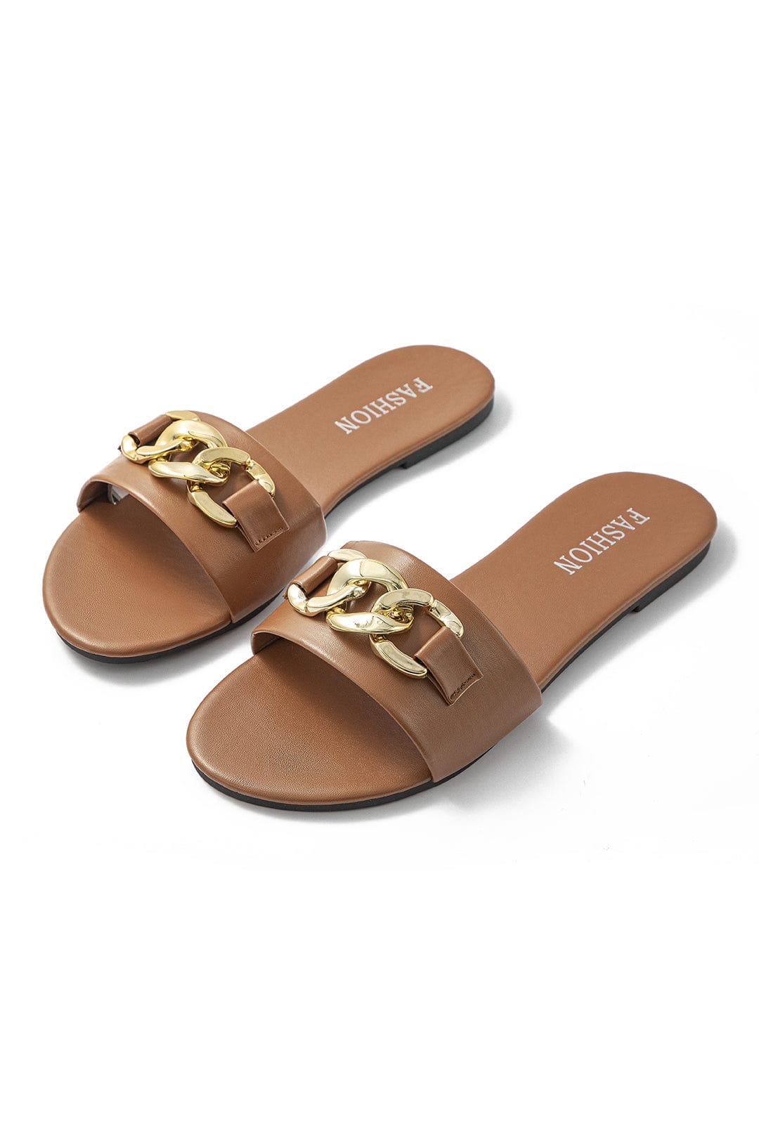 Brown sandals with gold chain detail on a white background