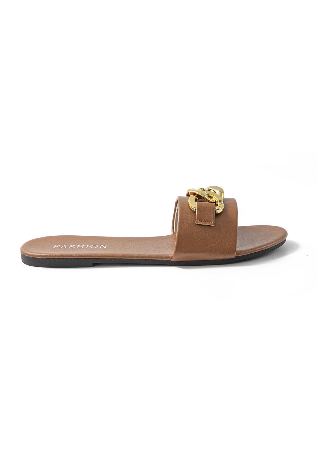 Brown sandal with a gold buckle on a white background