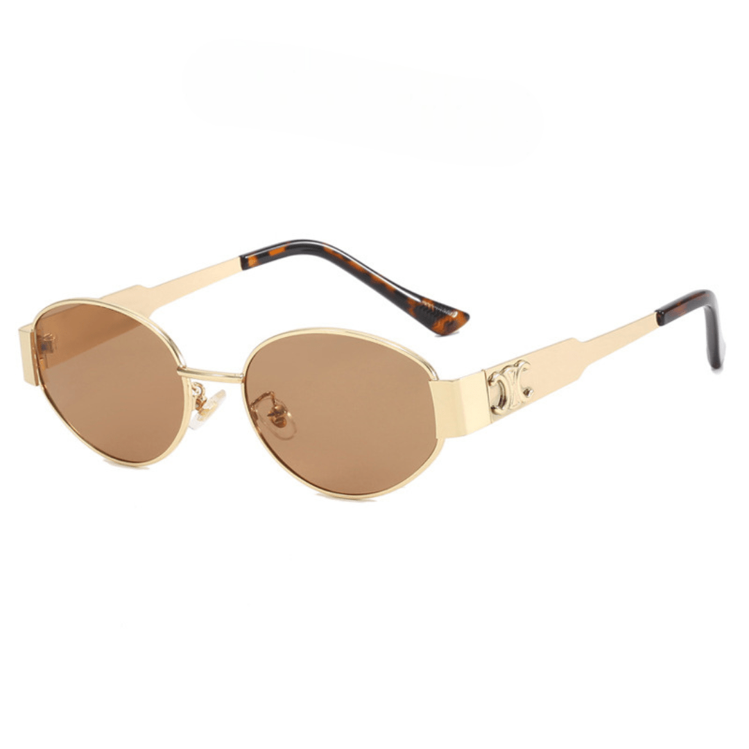 Gold-framed sunglasses with brown lenses on a white background