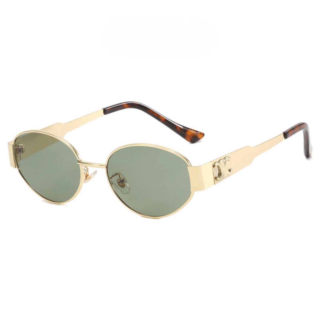 Gold-framed sunglasses with green lenses on a white background