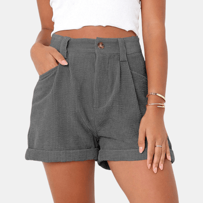 Damskie Letnie Szorty z Wysokim Stanem i Prążkowanego Materiału z Kieszeniami