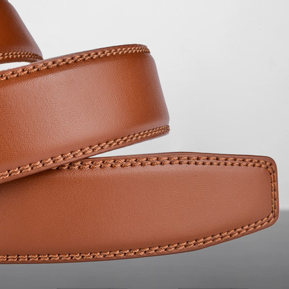 Close-up of a brown leather belt on a light gray background
