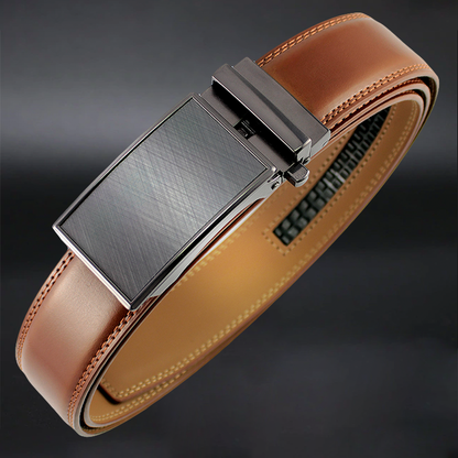 Brown leather belt with a silver buckle on a dark background